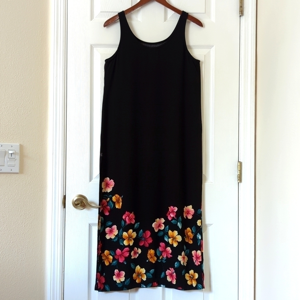 Jantzen 90's Vintage Floral Sleeveless Side Slit Swim Cover Up Midi Dress Black - Picture 11 of 13